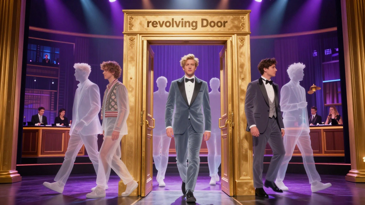 Silhouettes of diverse comedians passing through a golden theatrical portal.