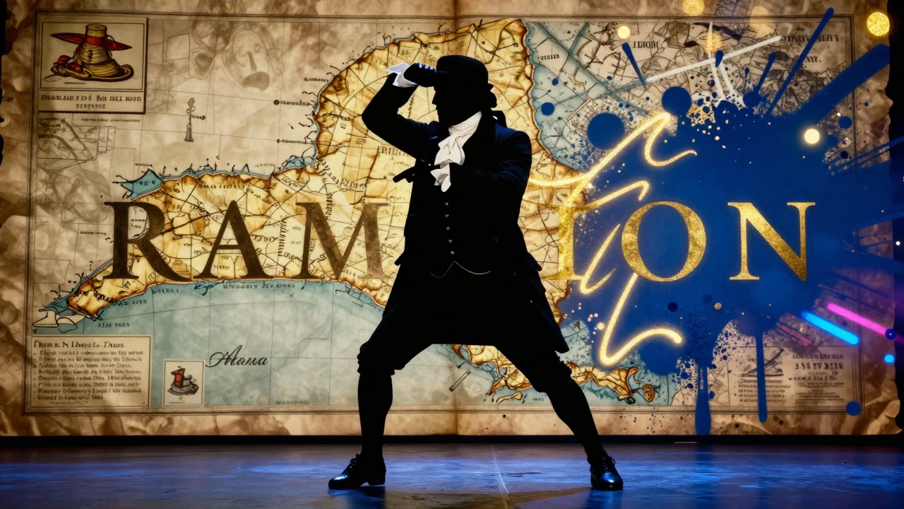 Stylized silhouette of a colonial performer blending hip-hop energy with historic Broadway themes.