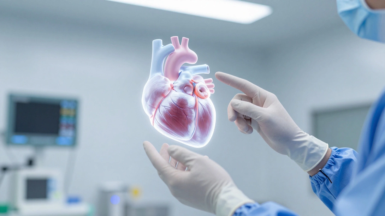 Surgeon using haptic gloves to practice on a floating holographic heart.