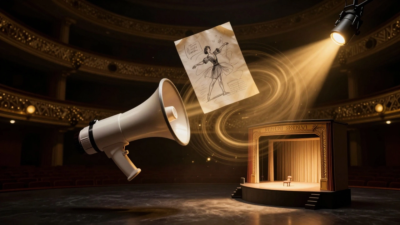Surreal arrangement of theater production tools swirling in a golden vortex of light.