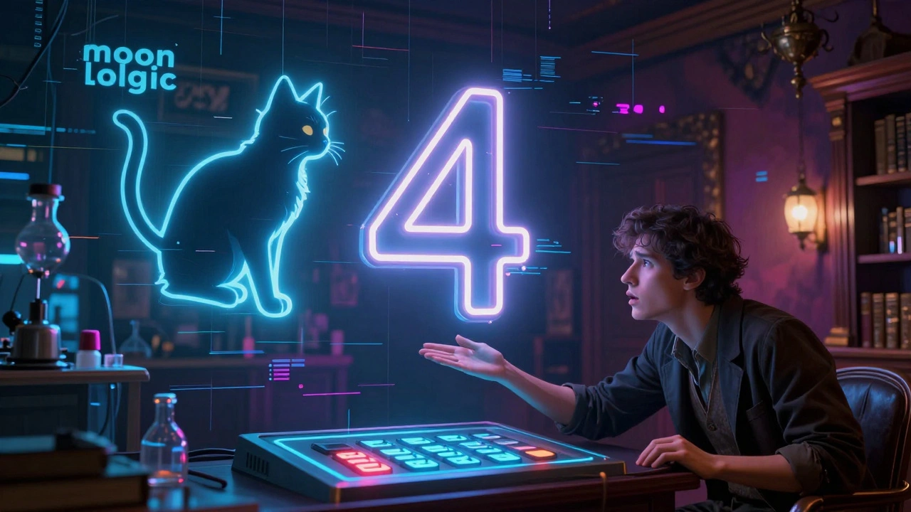 Surreal depiction of illogical escape room clues featuring a floating cat and a number four.