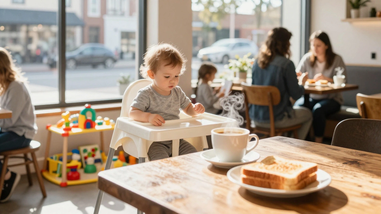 Child in a high chair with toys and coffee in a kid-friendly Richmond cafe.