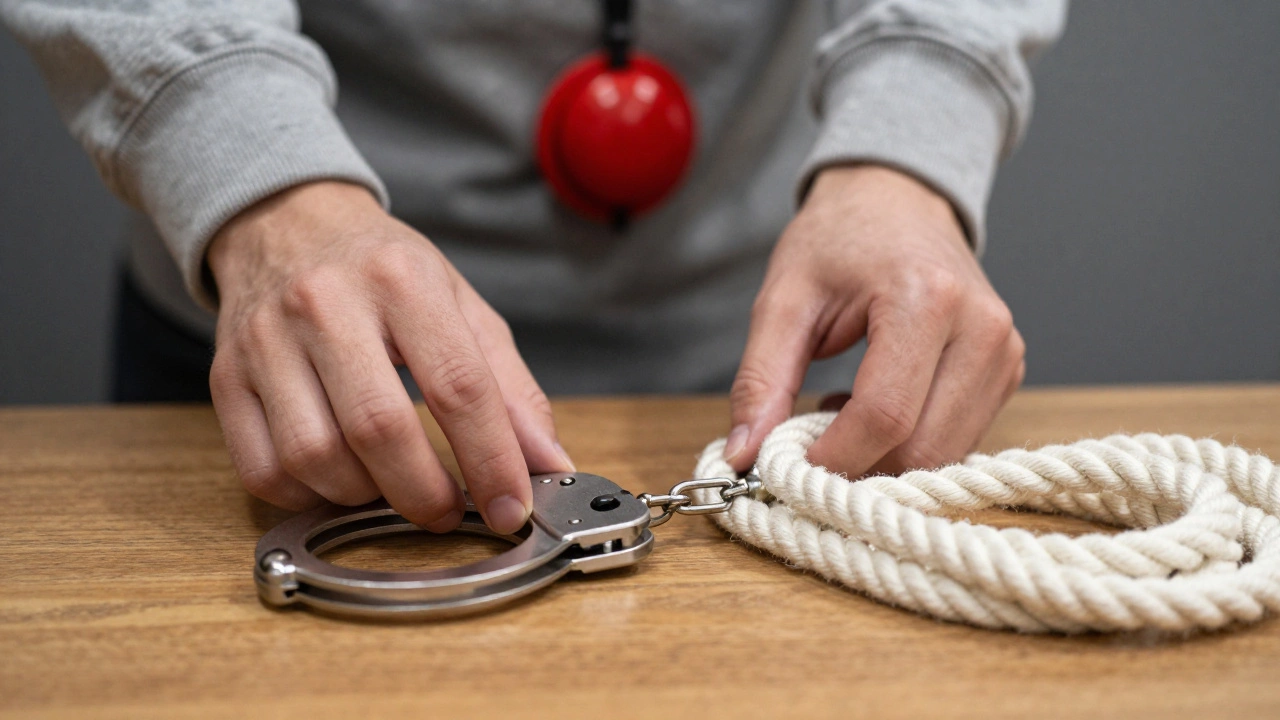 Close up of soft plastic cuffs and cotton rope next to a red emergency button