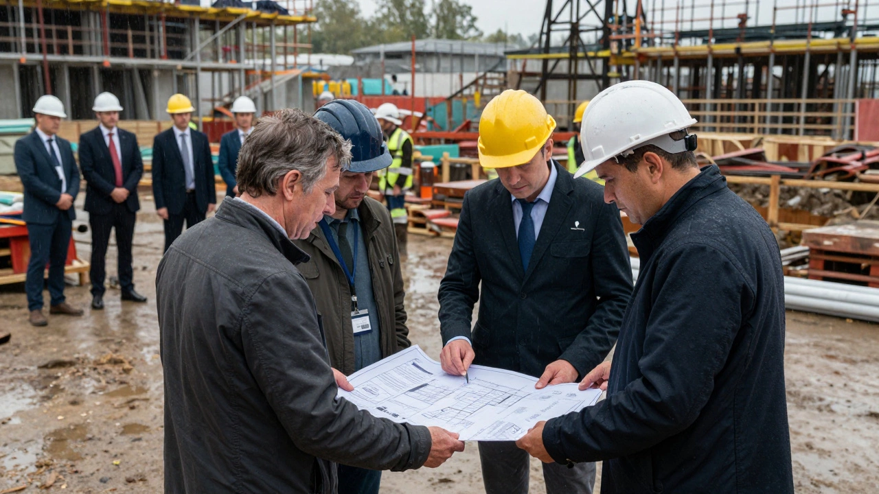 Construction team discussing plans with regulators watching