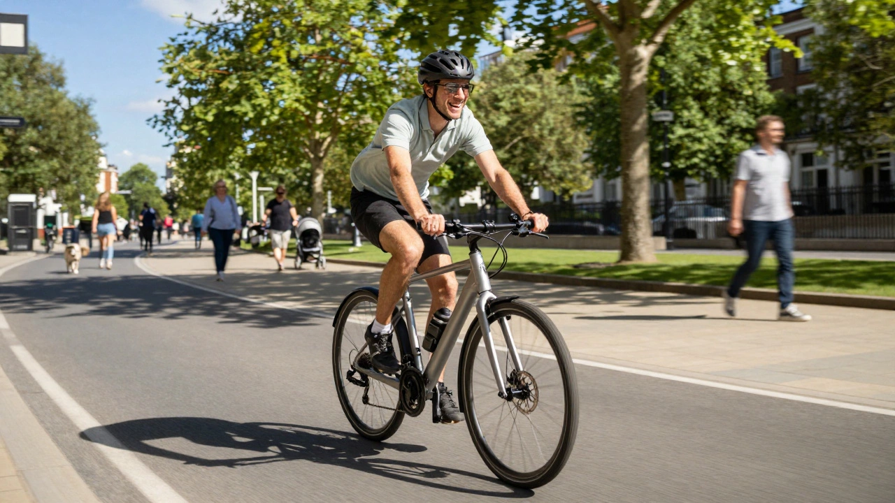 Cyclist riding an e-bike on a busy urban park path surrounded by walkers
