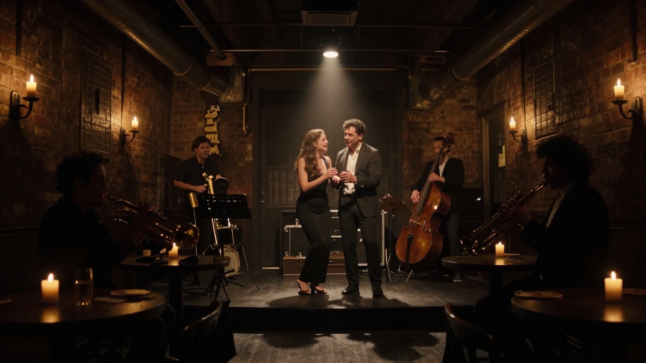 Dimly lit industrial speakeasy set for the musical Hadestown