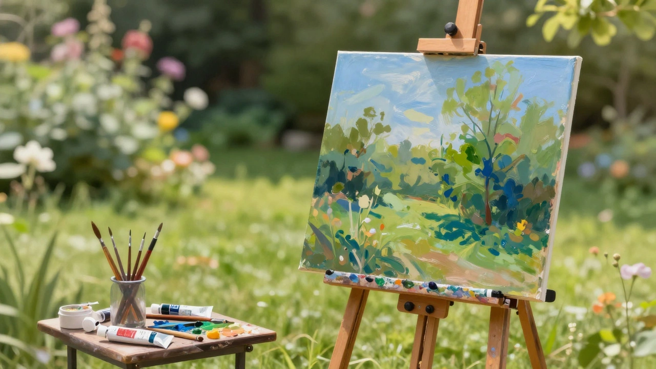 Easel with painting supplies set up in a sunny garden