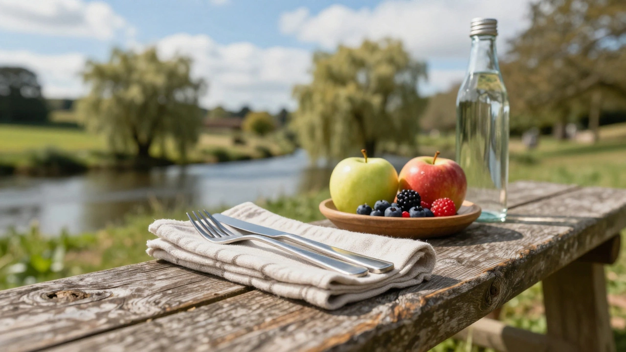 Eco-friendly picnic with fresh fruit on a park bench