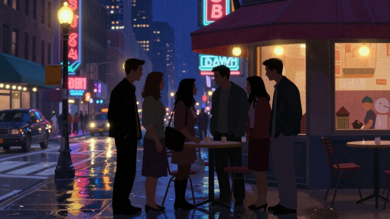 Friends group standing together in NYC at night