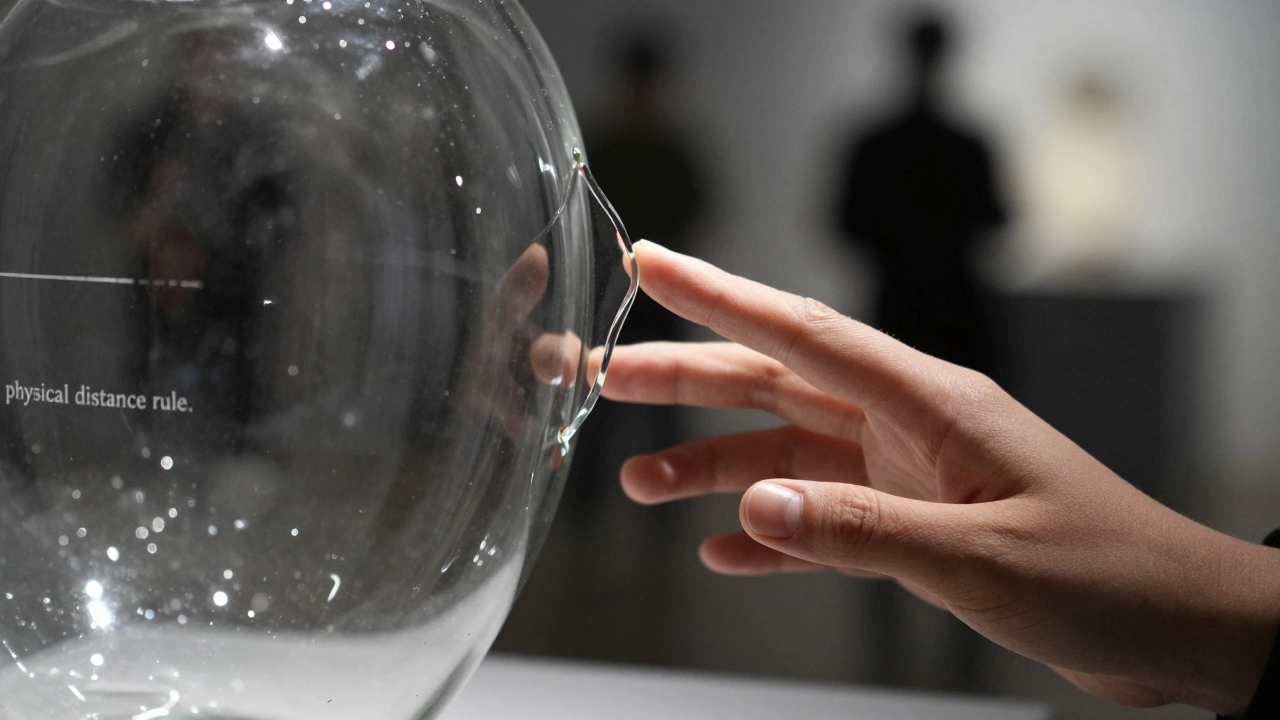 Hand held away from fragile glass sculpture to prevent damage
