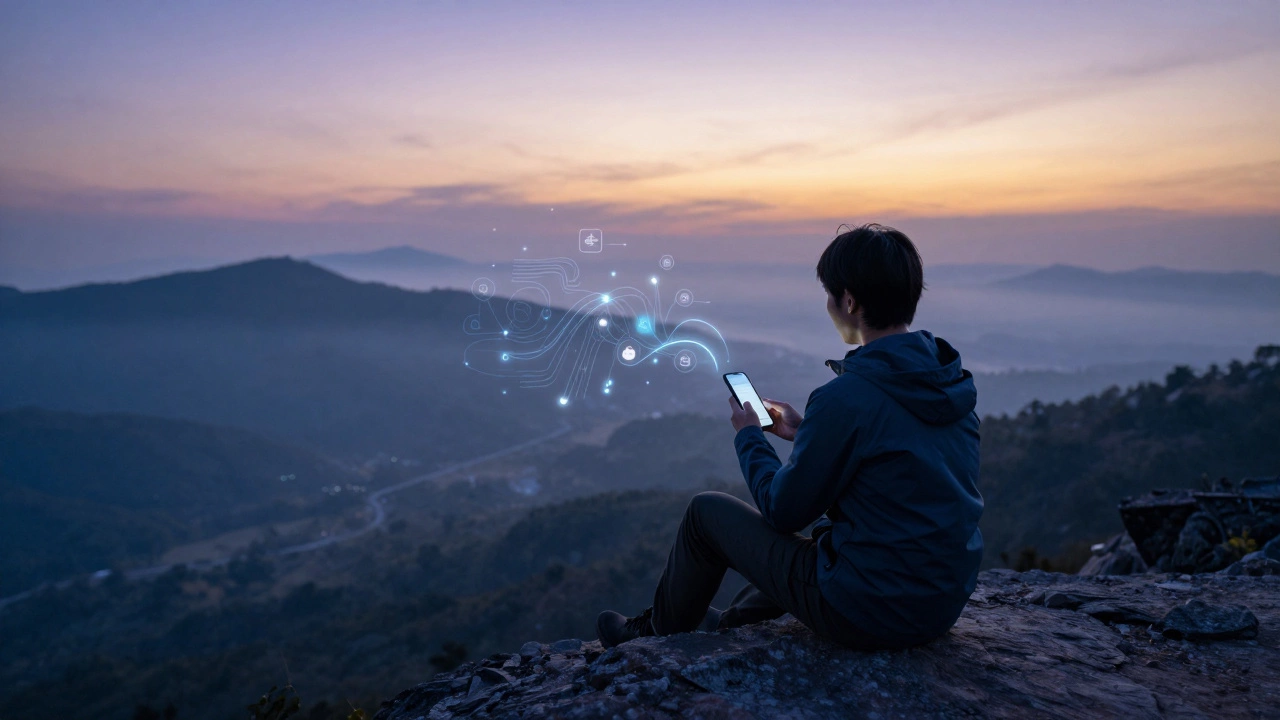 Hiker using a phone for navigation while overlooking a misty valley at dawn