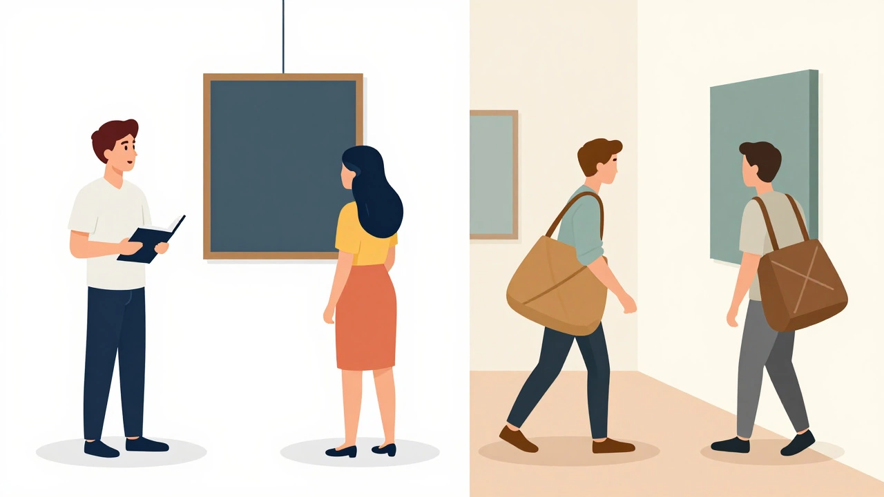 Illustration comparing polite and impolite behavior in an art gallery