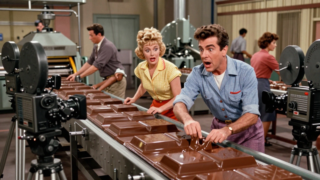 Lucy and Ricky on chocolate factory assembly line
