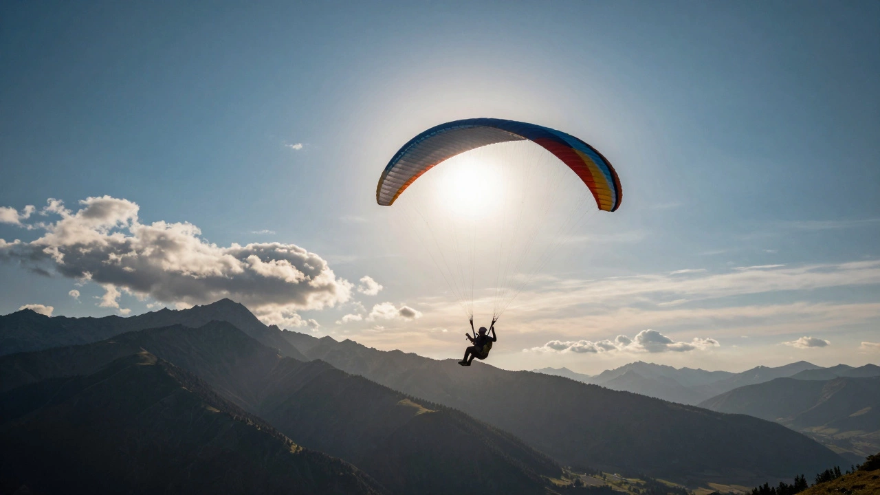 Paraglider soaring above mountains and clouds