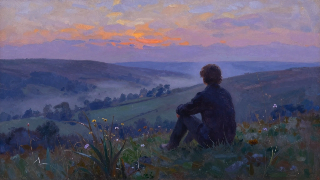 Person reflecting on a grassy hill at dusk