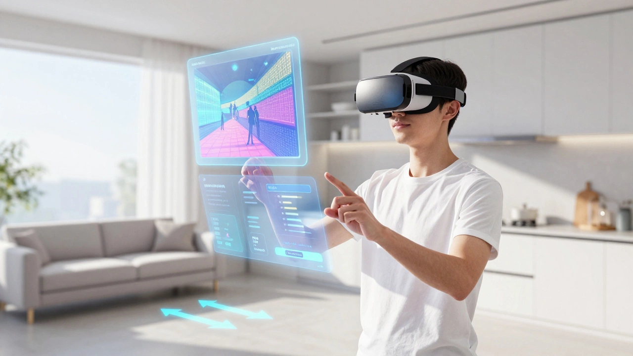 Person using AR glasses with digital overlays in a bright kitchen, showing mixed reality.
