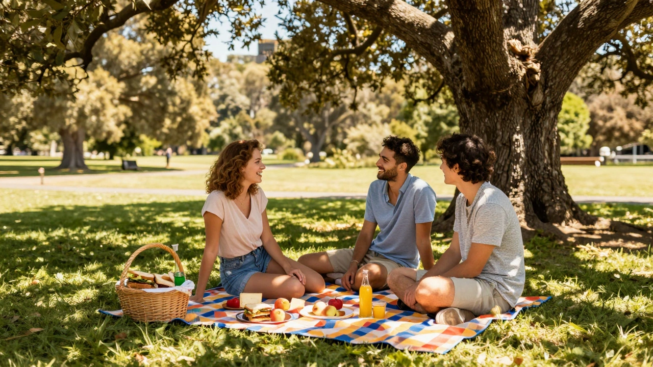 Relaxing outdoor picnic under a large oak tree in a park