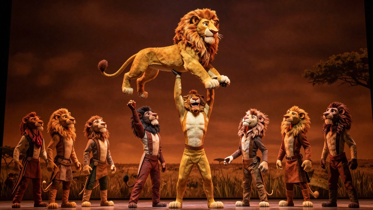 Simba lifted high during The Lion King musical performance on stage