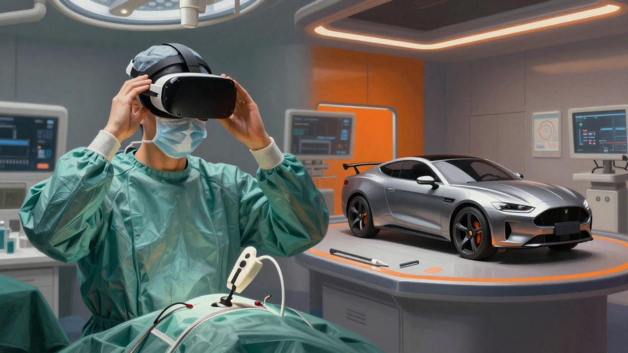 Surgeon and engineer using VR for training and design, highlighting professional adoption.