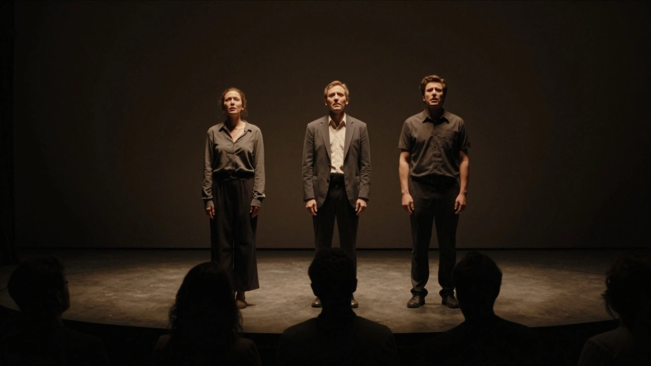 Three actors performing an intense drama on a minimalist stage under spotlights.