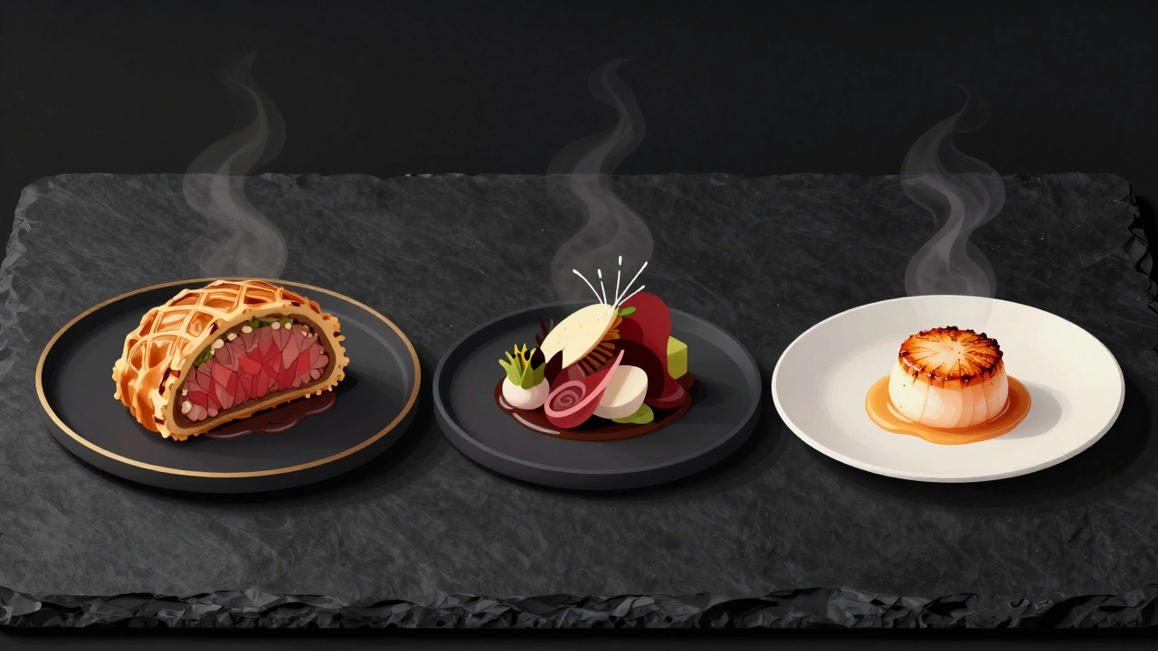 Three elegantly plated dishes representing different cooking styles