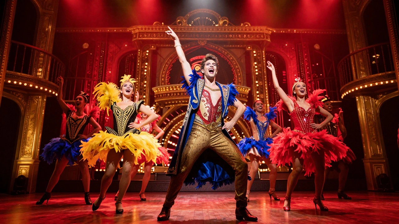 Vibrant stage scene from a lavish musical with colorful costumes and dramatic lighting.