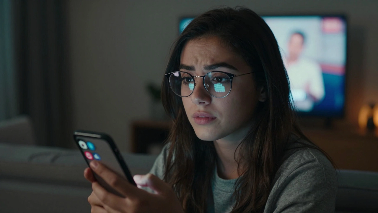 Woman holding a phone with TV in background, symbolizing algorithmic choices