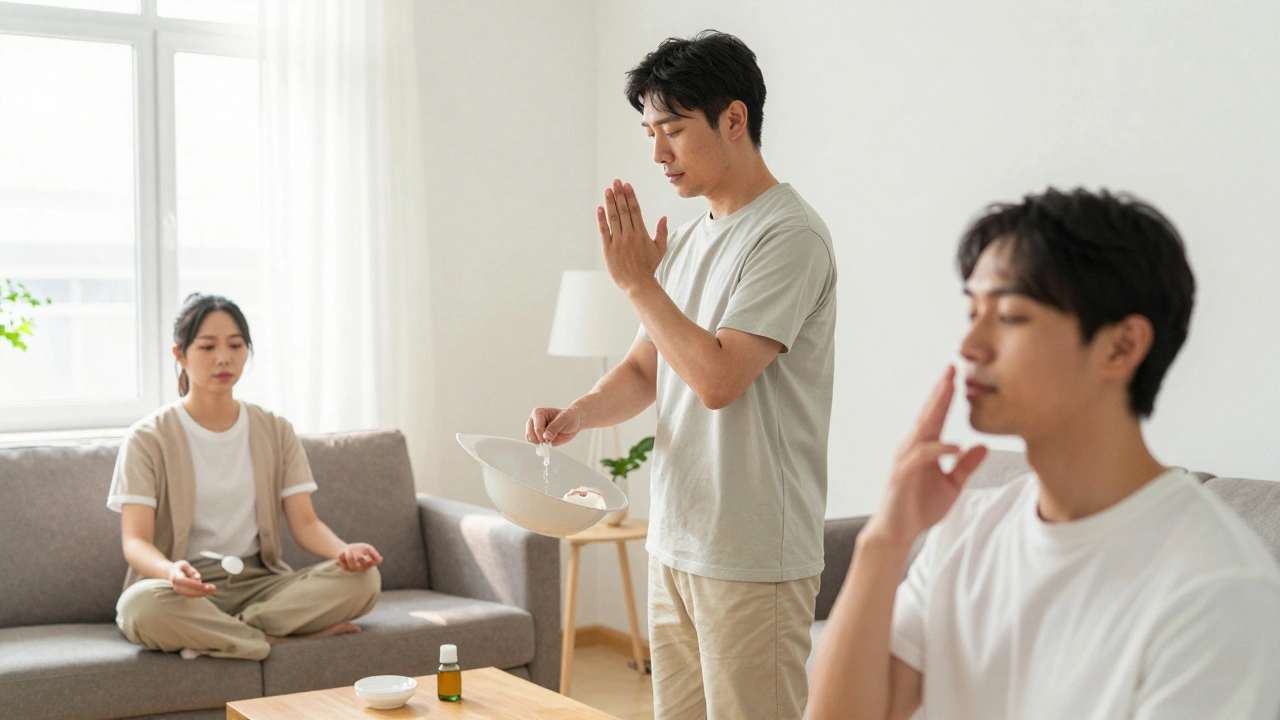 Actor rehearsing lines with movement in a sunny room