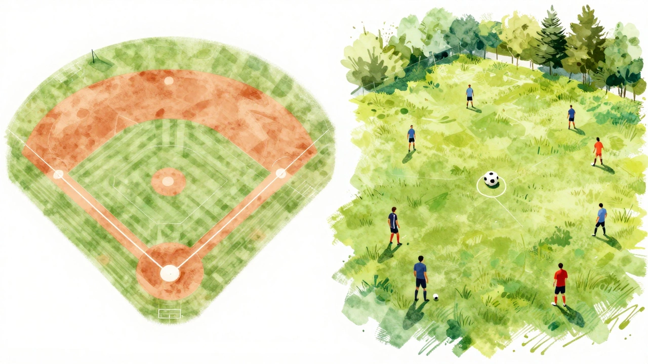 Artistic comparison showing simple soccer play versus complex baseball infrastructure