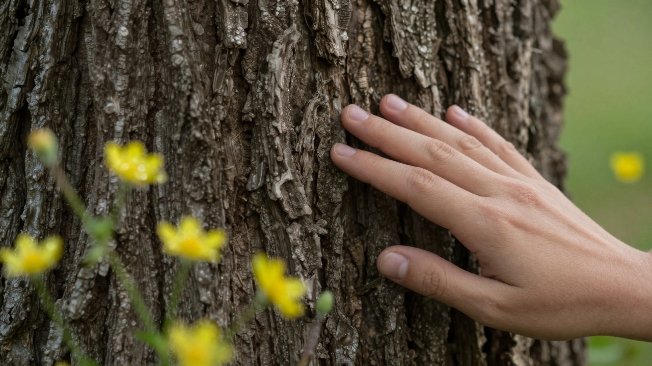 Close-up of a hand touching tree bark with wildflowers in the foreground