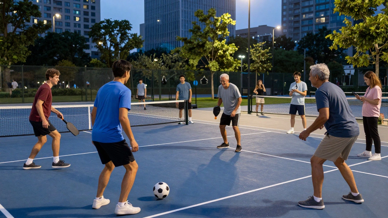 Community members bonding over soccer in a city park at dusk