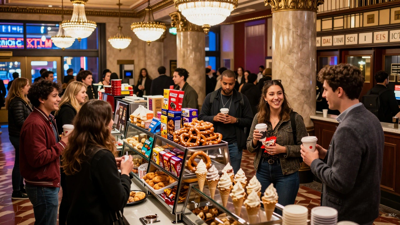 Crowded theater lobby during intermission with patrons buying snacks from concession stand.