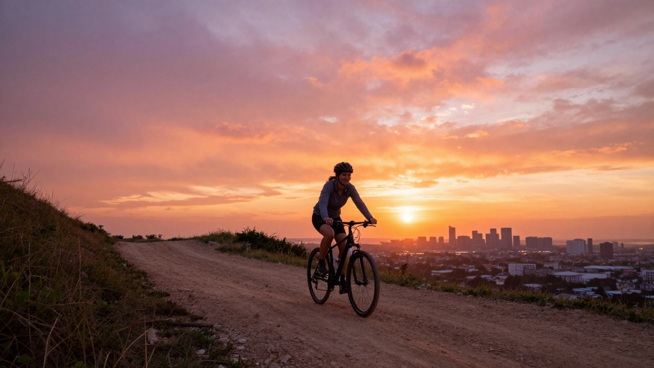 Cyclist riding up a hill at sunset with a city skyline in the distance