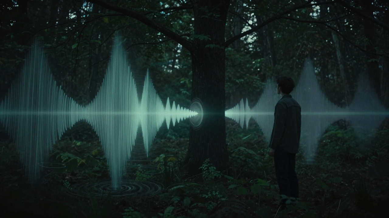 Ethereal sound waves visualized in a dark, immersive forest