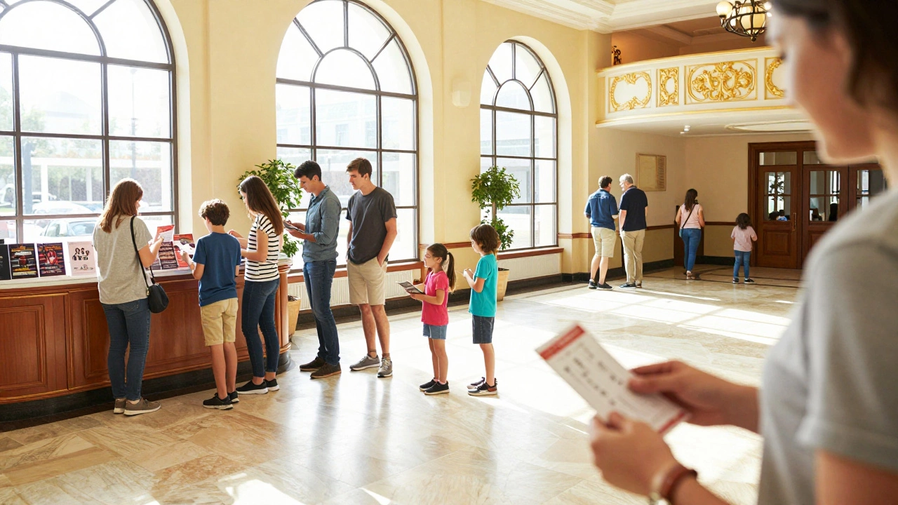 Families and tourists enjoying a bright, sunlit theater lobby during a matinee performance