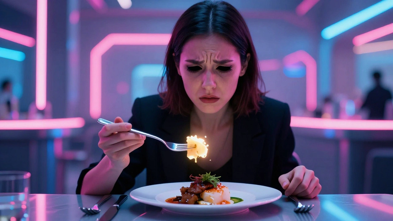 Food critic looking confused while eating glowing, artificial food in neon room