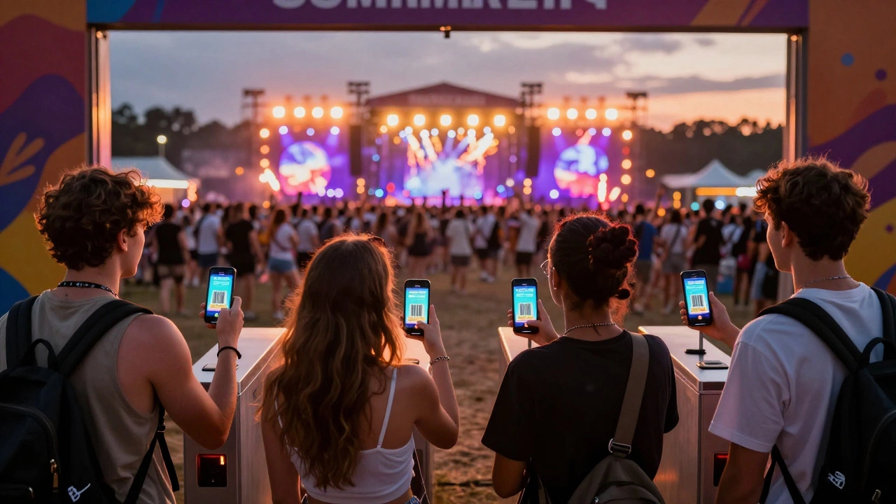 Friends scanning digital tickets at a vibrant summer music festival entrance