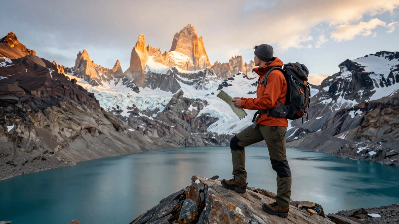 Hiker standing on a mountain peak overlooking glaciers
