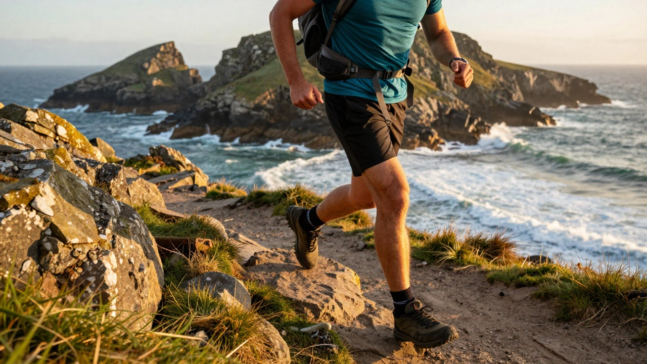 Hiker walking on rugged coastal trail, illustrating improved physical fitness outdoors.