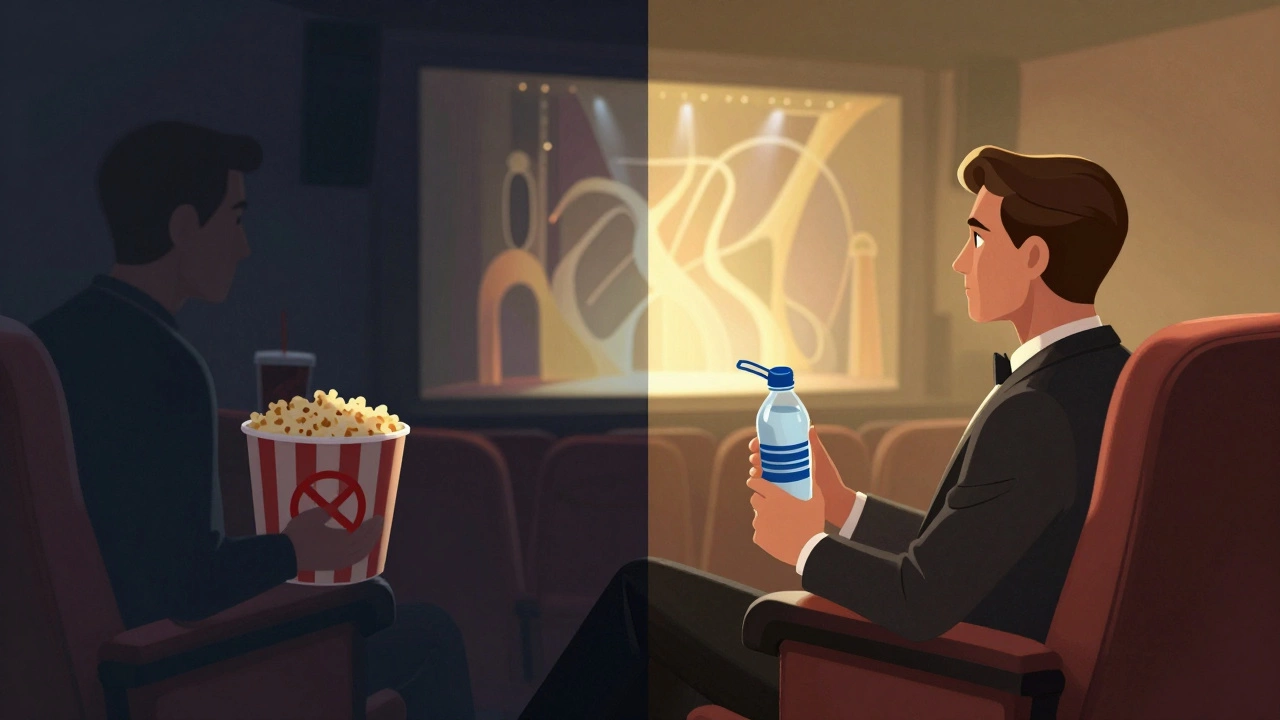 Illustration showing sealed drink allowed in seat while popcorn is banned in Broadway theater.