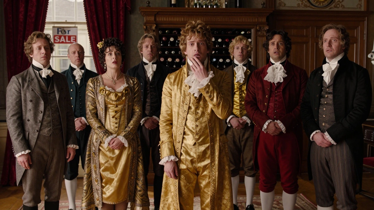 Nobles in Victorian dress hiding panic behind smiles