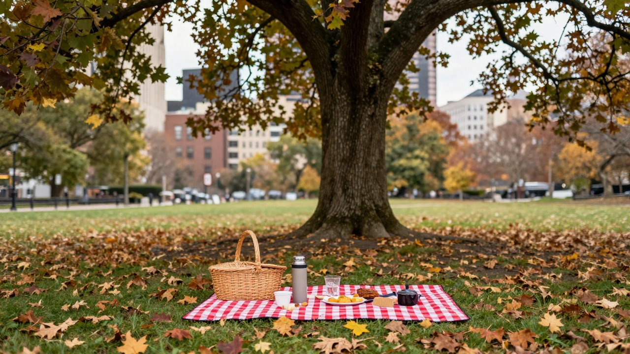 Peaceful picnic setup on a blanket in an urban park under an oak tree