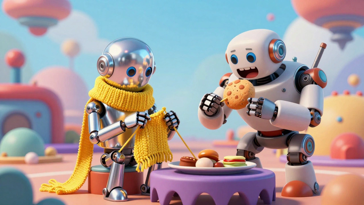 Robots knitting and eating in colorful animated world