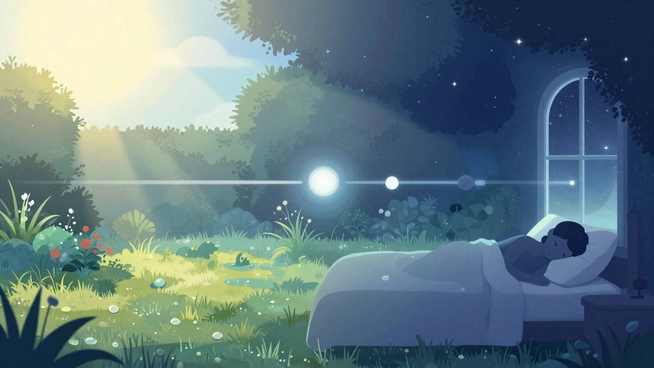 Split image of sunny garden and starry night, representing better sleep cycles.