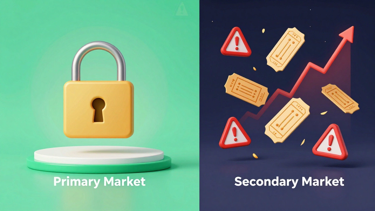 Split visual comparison showing secure primary market vs chaotic secondary resale
