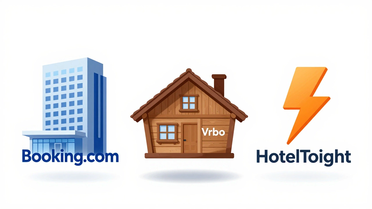 Stylized icons of hotels, cabins, and lightning bolt