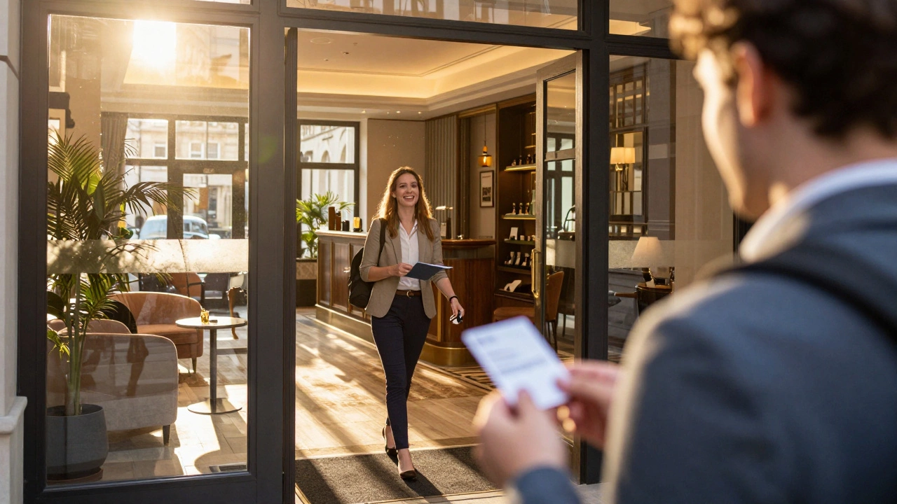 Traveler receiving key card at sunny hotel lobby