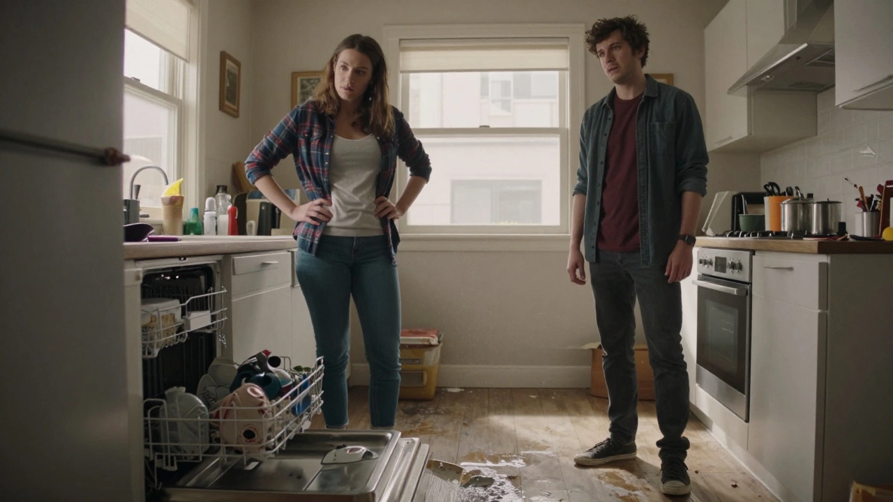 Two roommates staring silently at a broken dishwasher in a messy kitchen