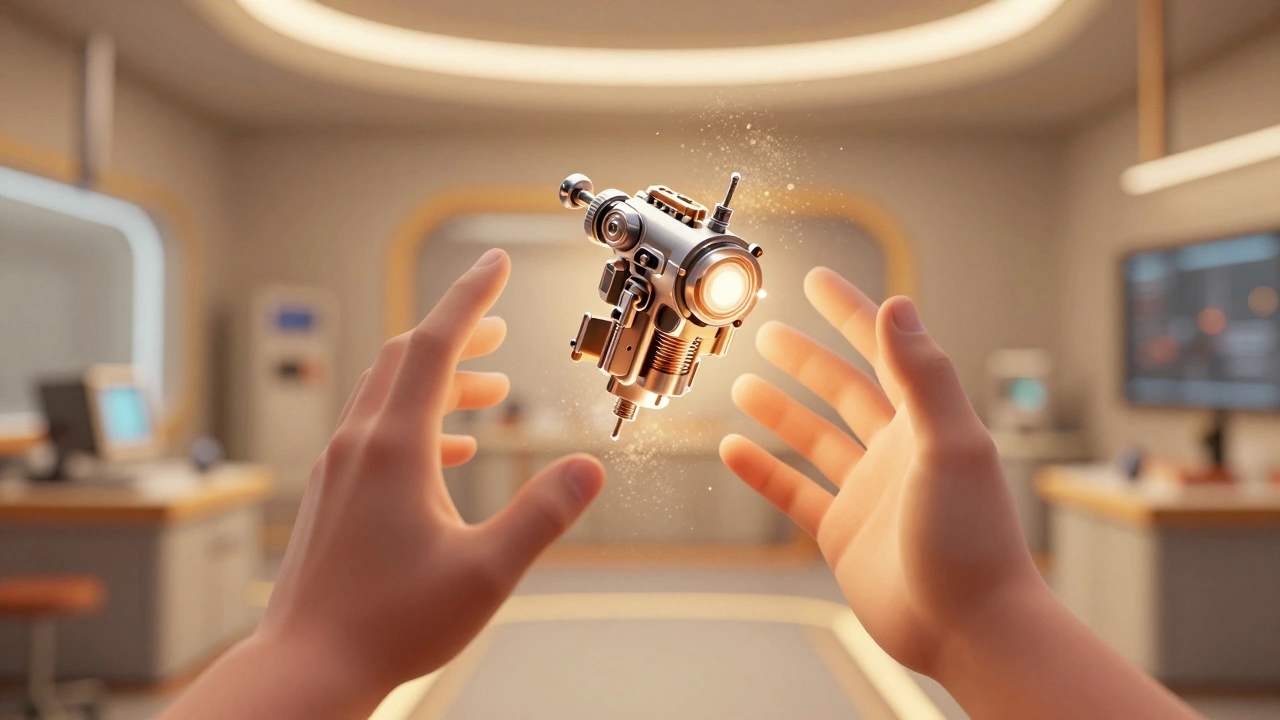 Virtual hands grasping a glowing mechanical object in 3D space