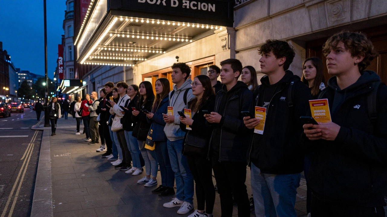 Young people queuing outside a London West End theater at dusk for rush tickets